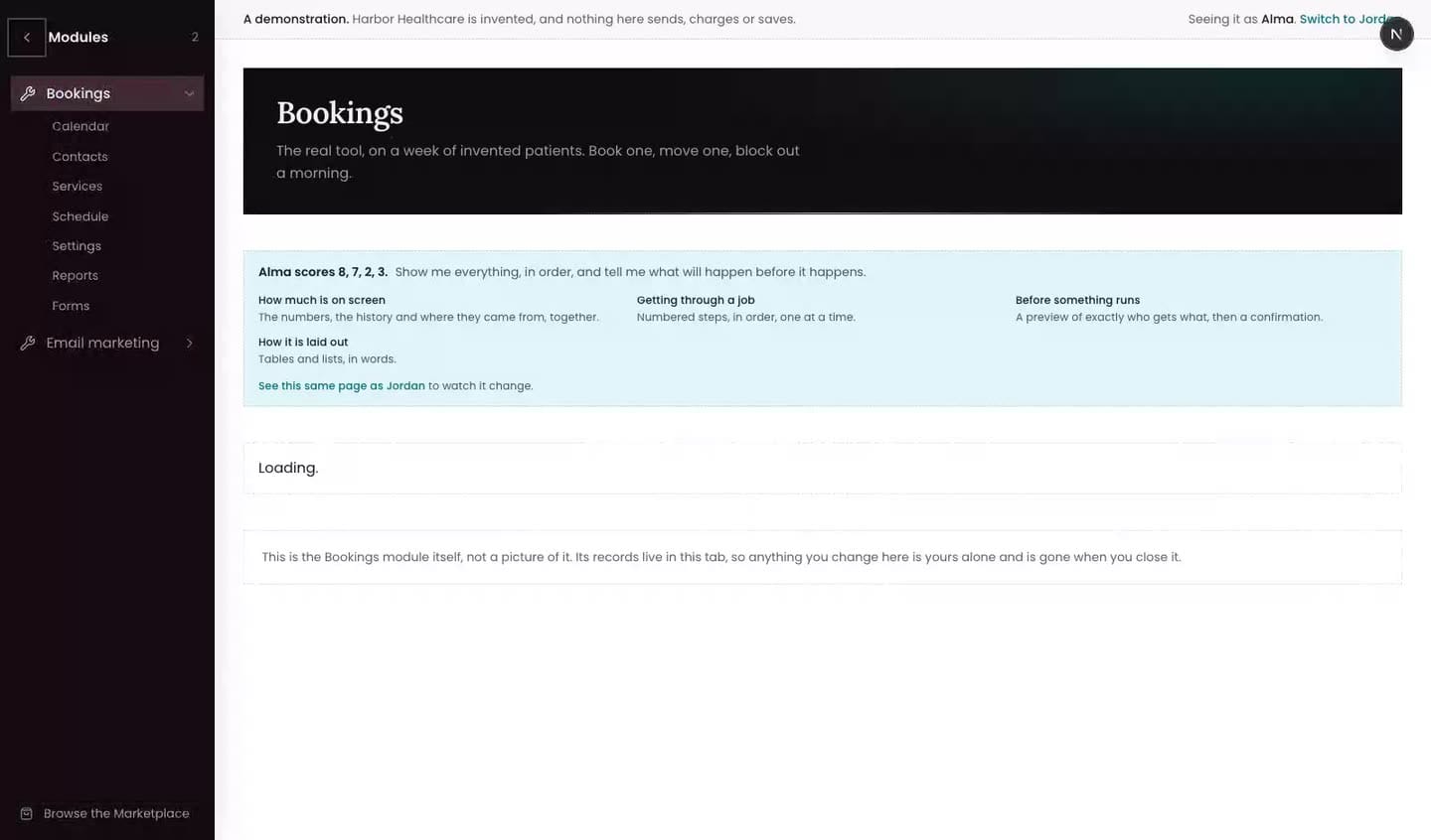 A recording of the demo: inside the Bookings tool, the Reports feature is switched on in the tool's settings, appears in the sidebar under Bookings, is opened, then switched off again and its link disappears.